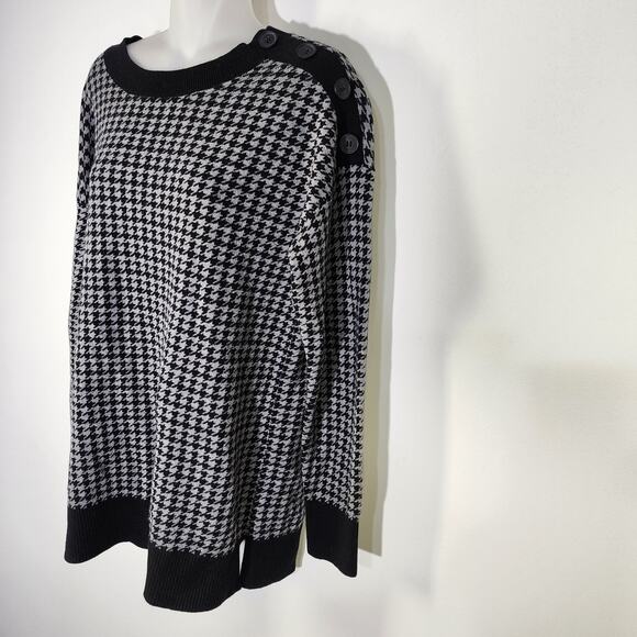 LOFT Womens Sweater Black White Houndstooth Crewneck Button Detail Cotton Medium - Picture 5 of 10